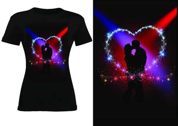 Zwart Shirt Ontwerp Met Silhouetted Paar Glinsterende Hart Kleurrijke Abstracte — Stockvector