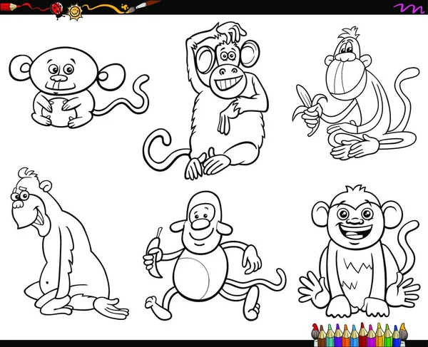 Fekete Fehér Kifestőkönyv Karikatúra Illusztrációja Majmok Állat Vicces Karakterek Beállítása — Stock Vector