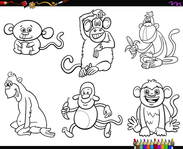 Livre Coloriage Noir Blanc Illustration Dessins Animés Singes Animaux Personnages — Image vectorielle