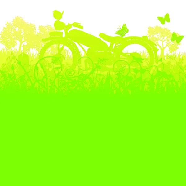 Motocicleta Vieja Densa Hierba Verde — Vector de stock