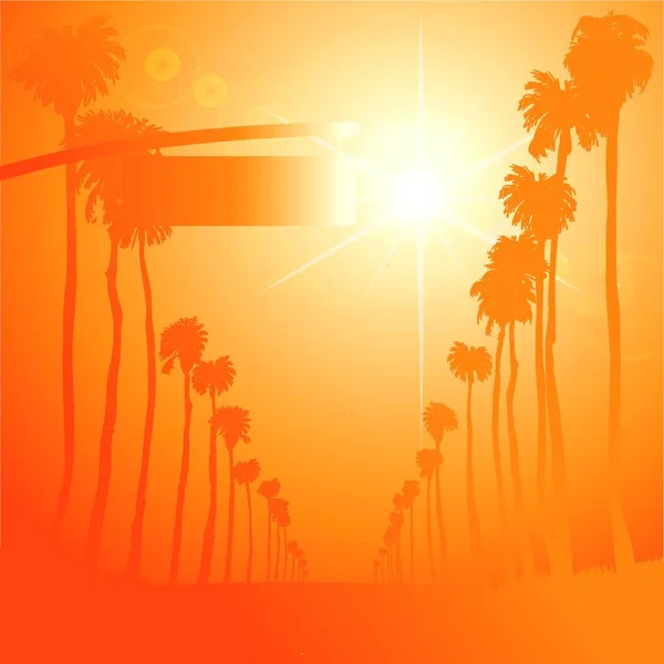 Calor Naranja Sol Sobre Una Calle Climatizada Con Palmeras — Vector de stock