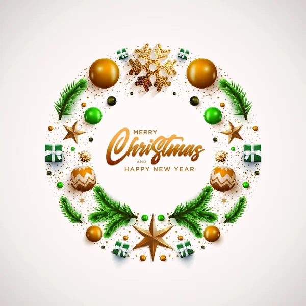 Boldog Christnas Boldog Évet Üdvözlőlap Karácsonyi Koszorú Design Ünnepi Karácsonyi — Stock Vector