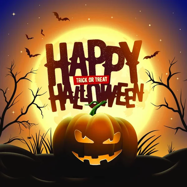 Ilustração Assustadora Meia Noite Halloween Abóboras Sob Lua Cheia Morcegos —  Vetores de Stock