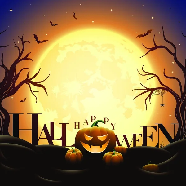 Illustration Effrayante Minuit Halloween Citrouilles Sous Pleine Lune Les Chauves — Image vectorielle