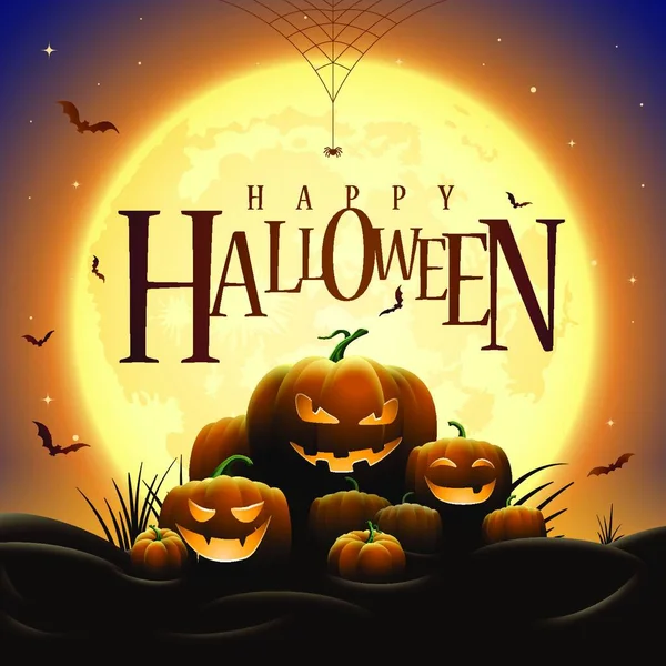 Illustration Effrayante Minuit Halloween Citrouilles Sous Pleine Lune Les Chauves — Image vectorielle