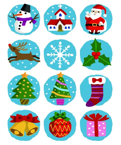 Χριστουγεννιάτικες Εικονογραφήσεις Άγιος Βασίλης Χριστουγεννιάτικο Δέντρο Χιονάνθρωπος Τάρανδος Και Χιονονιφάδα — Διανυσματικό Αρχείο