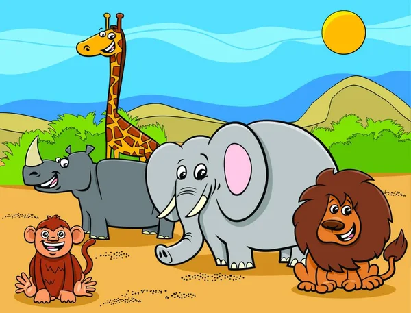 Desenhos Animados Ilustração Animais Selvagens Safari Comic Characters Group —  Vetores de Stock