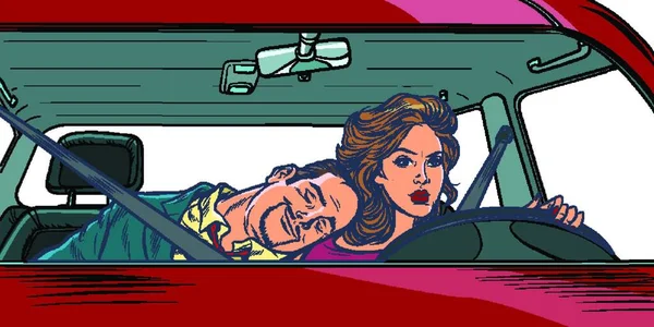 Autofahrerin Ehepaar Auto Pop Art Retro Vektor Illustration Zeichnung — Stockvektor