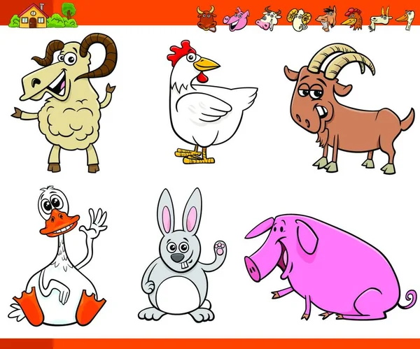 Dibujos Animados Ilustración Divertidos Animales Granja Comic Personajes Set — Archivo Imágenes Vectoriales