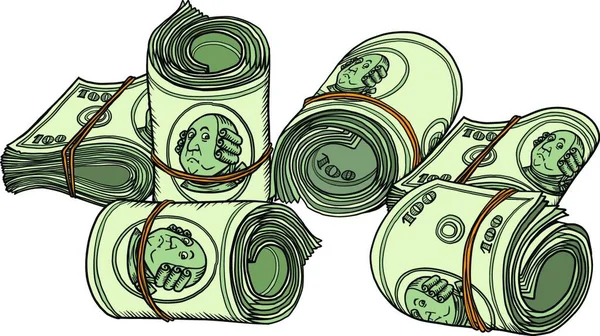 Hundert Dollar Bündel Banknoten Kaugummi Benjamin Franklin Comic Cartoon Pop — Stockvektor