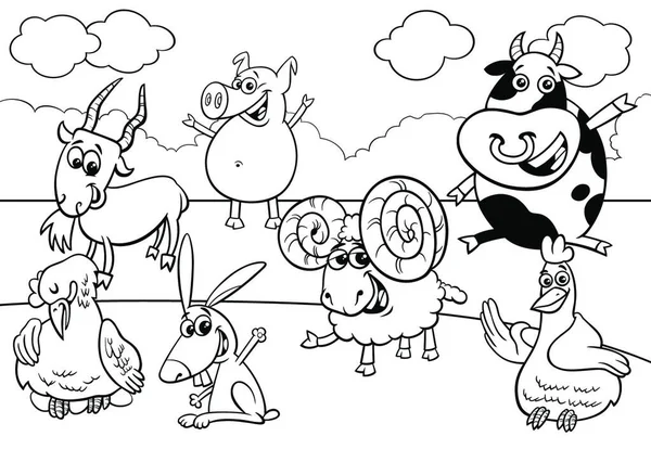 ハッピーファーム動物の黒と白の漫画イラスト漫画キャラクターグループぬり絵ブックページ — ストックベクタ