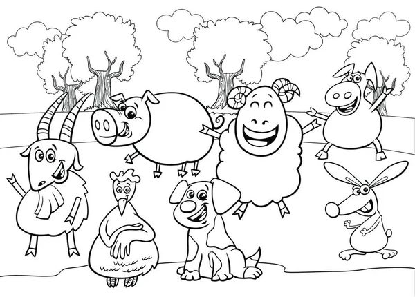 かわいい農場の動物の黒と白の漫画のイラスト漫画のキャラクターグループぬりえブックページ — ストックベクタ