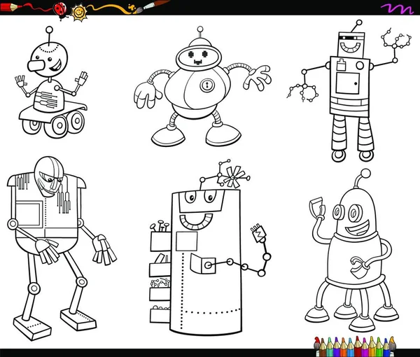 Black White Cartoon Illustration Comic Robots Characters Set Coloring Book — Stock Vector