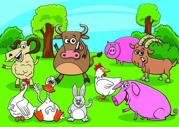 农场动物滑稽漫画人物群的卡通画 — 图库矢量图片