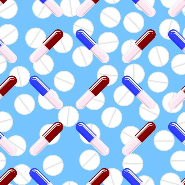 Színes Pills Zökkenőmentes Pattern Izolált Kék Háttér Orvosi Textúra — Stock Vector