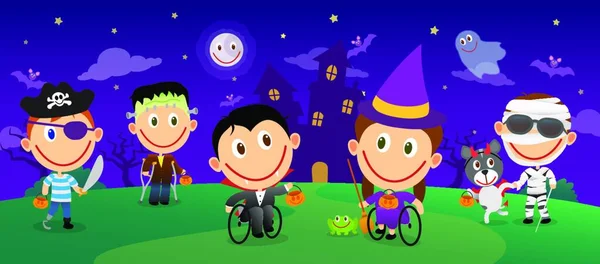 Grupo Niños Discapacitados Disfrazados Halloween Diversas Discapacidades Niños Silla Ruedas — Vector de stock