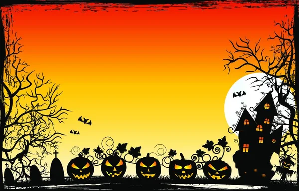 Notte Halloween Zucche Castello Sagome Alberi Erba Spaventapasseri Cimitero Sfondo — Vettoriale Stock