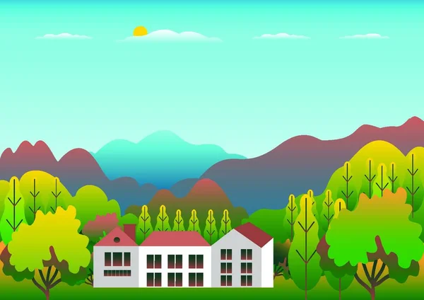 丘や山の風景 フラットスタイルのデザインで家の農場 屋外パノラマ田園風景図 緑のフィールド 青い空と太陽 農村部の場所 漫画のベクトル背景 — ストックベクタ
