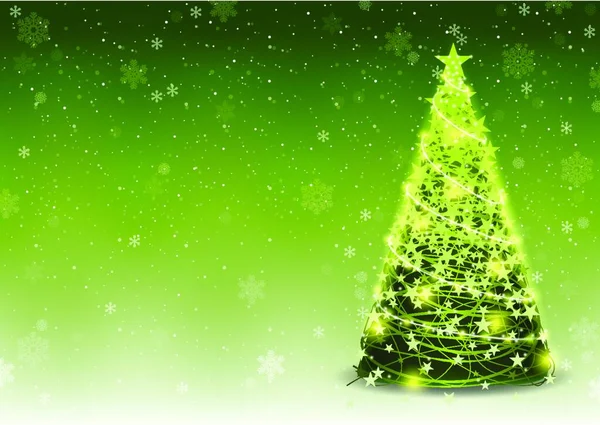 Zöld Karácsonyfa Háttér Csökkenő Hópelyhek Izzó Karácsonyi Lánc Grafikai Tervezés — Stock Vector