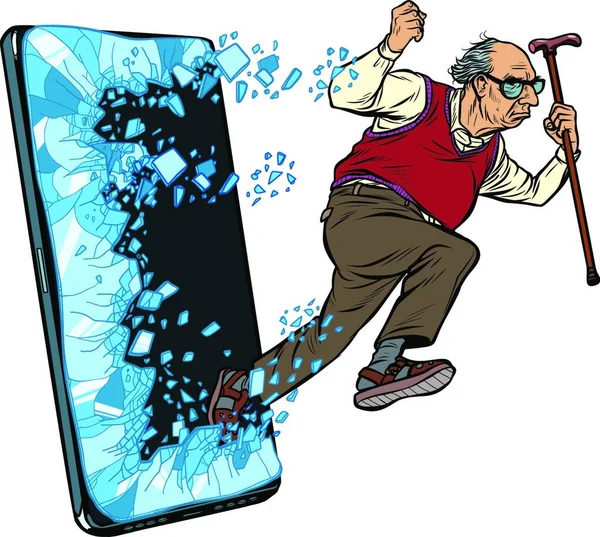 Vecchio Pensionato Nonno Telefono Gadget Smartphone Programma Servizi Online Applicazioni — Vettoriale Stock
