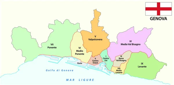 Mapa Administrativo Capital Liguria Génova Con Bandera Italia — Vector de stock