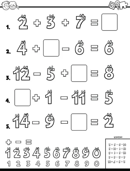 Boyama Kitabı Çocuklar Için Eğitim Matematiksel Hesaplama Çalışma Sayfasının Siyah — Stok Vektör