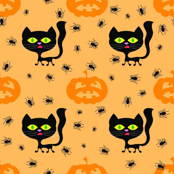 オレンジの背景に黒猫とカボチャの隔離されたハロウィーンの装飾シームレスなパターン — ストックベクタ