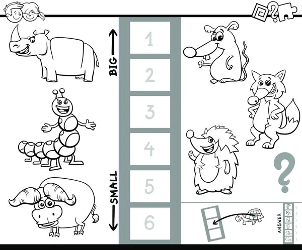 Fekete Fehér Karikatúra Illusztrációja Oktatási Játék Megtalálása Legnagyobb Legkisebb Állat — Stock Vector