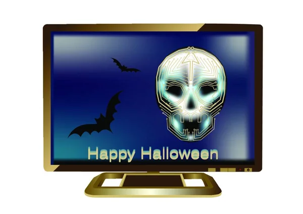 Halloween Computer Mit Fledermäusen Und Totenkopf — Stockvektor