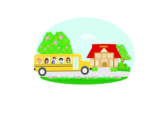 Scuolabus Diretto Scuola Con Bambini Felici — Vettoriale Stock
