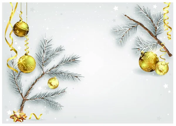 Fehér Karácsonyi Háttér Wintry Tűlevelű Ágak Golden Christmas Balls Confetti — Stock Vector