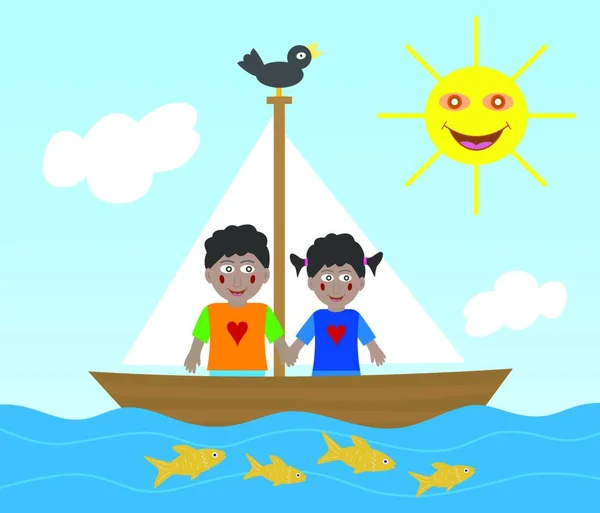Illustration African American Kids Girl Boy Sailing Adventure Eps File — Stock Vector