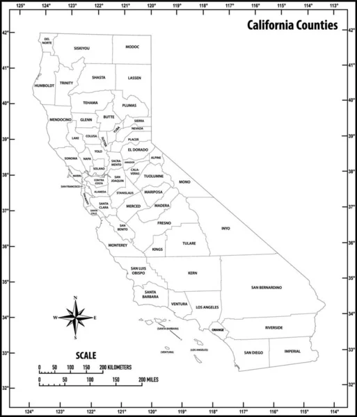 Califórnia Estado Esboço Mapa Administrativo Político Preto Branco —  Vetores de Stock