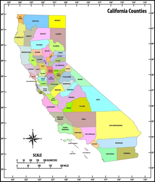 Califórnia Estado Esboço Administrativo Político Mapa Cor —  Vetores de Stock