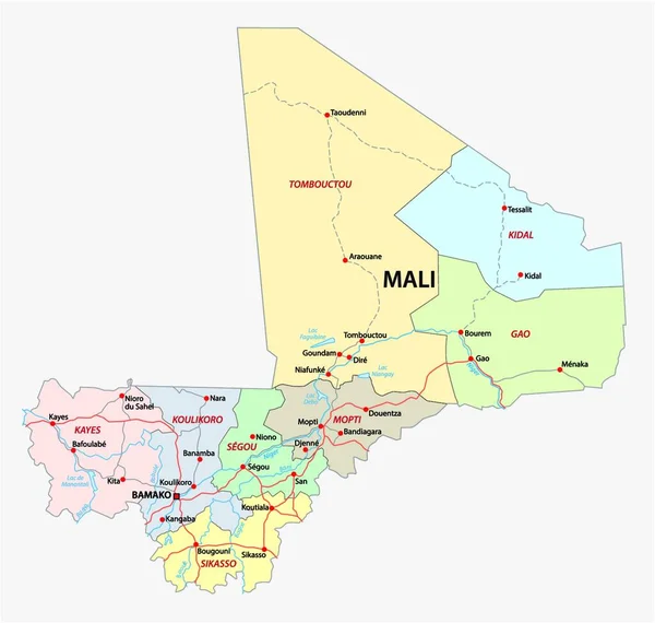 Road Administrative Map Republic Mali — Stock Vector