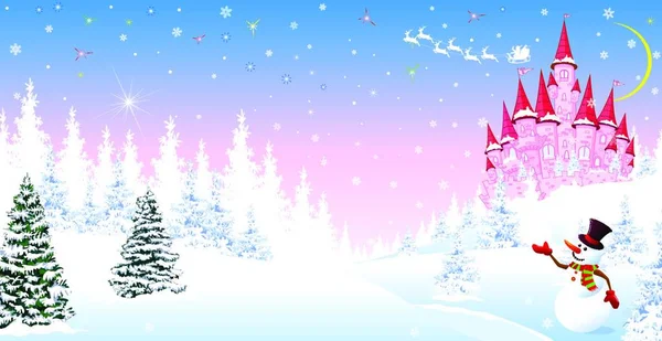 Cartoon Pink Castle Background Winter Snowy Forest Winter Night Landscape — Stock Vector