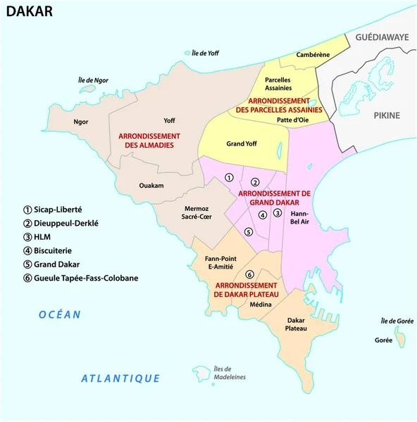 Administrativní Mapa Senegalského Hlavního Dakaru — Stockový vektor