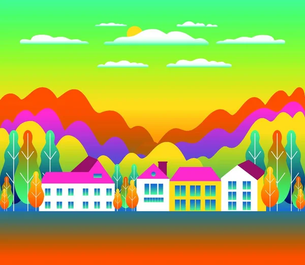 Colinas Montañas Paisaje Granja Casa Diseño Estilo Plano Ilustración Paisaje — Vector de stock