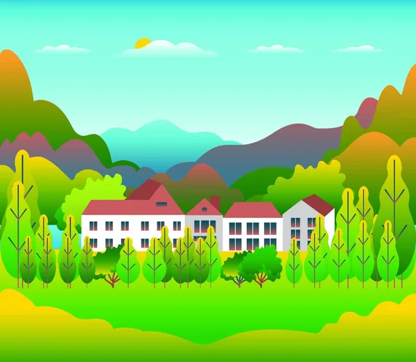 Colinas Montañas Paisaje Granja Casa Diseño Estilo Plano Ilustración Paisaje — Archivo Imágenes Vectoriales