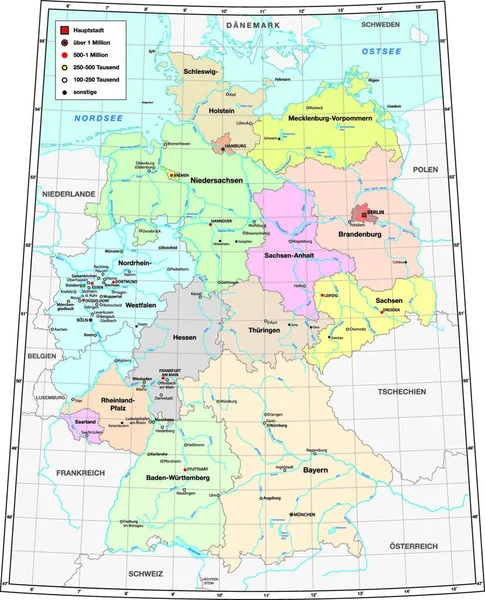 以日耳曼语绘制的所有城市人口超过10万的德国地图 — 图库矢量图片