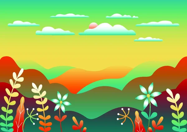 田舎の風景 フィールド 空と太陽と美しい自然 漫画イラストベクトル背景フラットスタイルのデザイン トレンディな明るい色青 — ストックベクタ