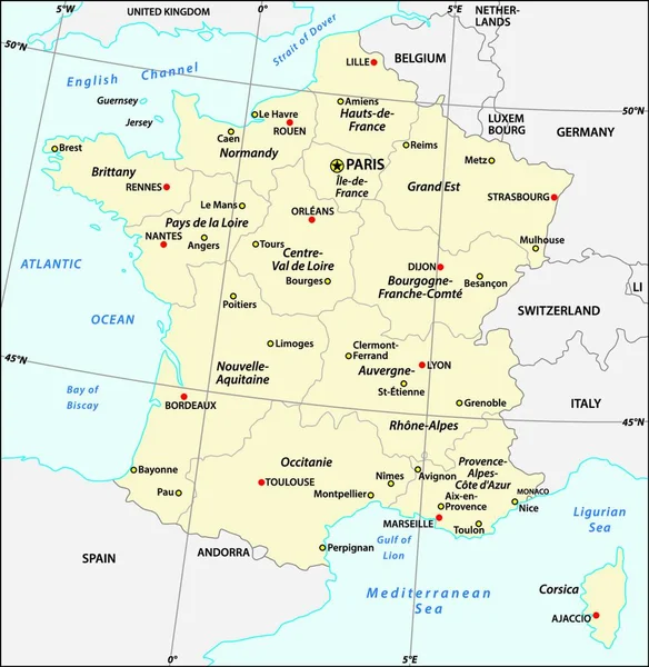 Mapa Administrativo Francia Con Latitud Longitud — Vector de stock
