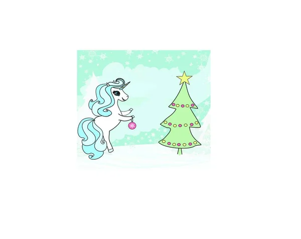 Niedliches Einhorn Mit Weihnachtsbaum Und Sternen Vektorillustration — Stockvektor