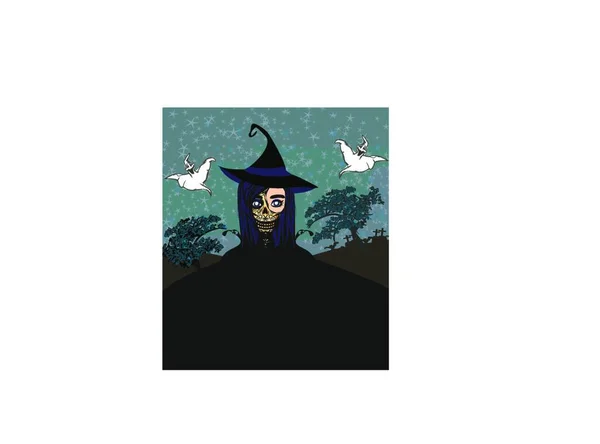 Halloween Hexe Mit Hut Und Fledermäusen Vektor Illustration — Stockvektor