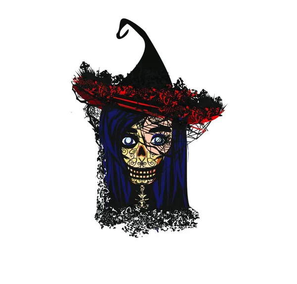 Cartel Halloween Con Sombrero Bruja Murciélagos Ilustración Vectorial — Archivo Imágenes Vectoriales