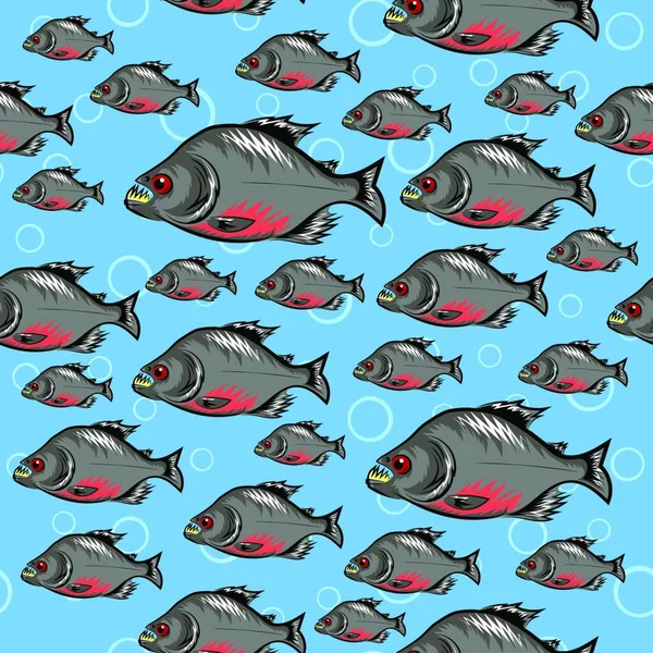 Cartone Animato Piranha Pesce Nuoto Modello Senza Soluzione Continuità Sfondo — Vettoriale Stock