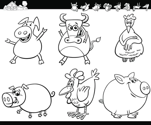 Schwarz Weiß Cartoon Illustration Von Niedlichen Nutztieren Comic Figuren Gesetzt — Stockvektor
