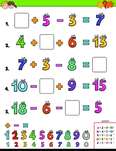 Általános Iskolás Gyermekek Oktatási Matematikai Számítási Munkalapjának Rajzfilm Illusztrációja — Stock Vector