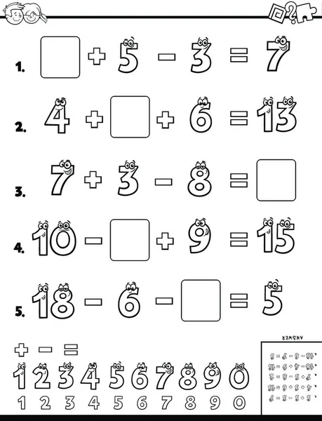 Ασπρόμαυρη Εικονογράφηση Κινουμένων Σχεδίων Του Εκπαιδευτικού Μαθηματικού Φύλλου Εργασίας Υπολογισμού — Διανυσματικό Αρχείο