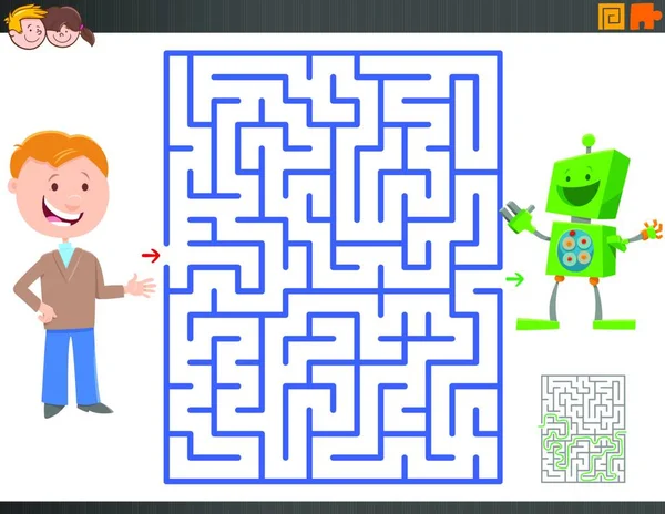 Cartoon Illustration Educational Maze Activity Game Children Boy Toy Robot — Stockový vektor